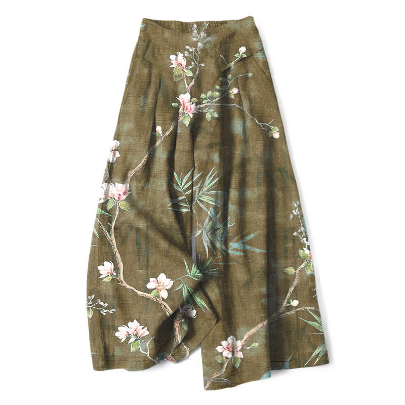 Nimara Ritual Cotton Linen Oriental Light Pink Floral Pattern Women's Elastic Waist Wide Leg Pants With Pockets