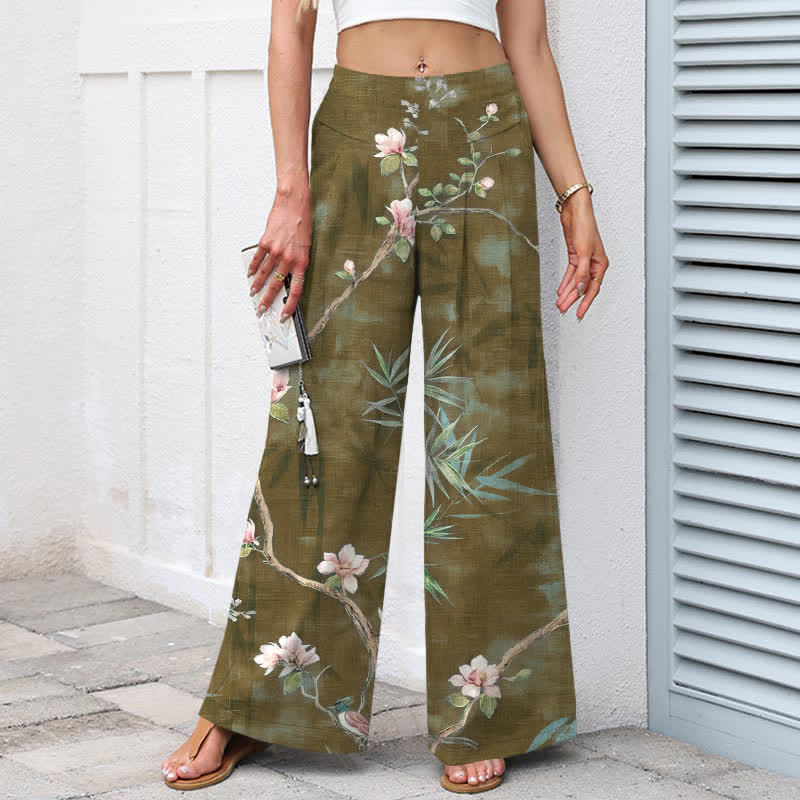 Nimara Ritual Cotton Linen Oriental Light Pink Floral Pattern Women's Elastic Waist Wide Leg Pants With Pockets