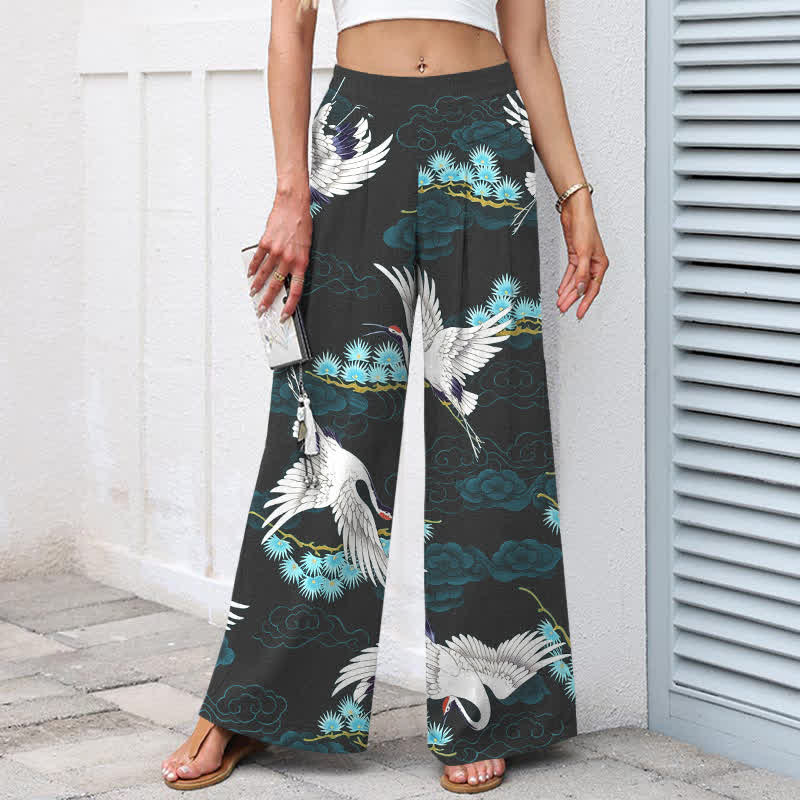 Nimara Ritual Cotton Linen White Crane Auspicious Clouds Pine Pattern Women's Elastic Waist Wide Leg Pants With Pockets