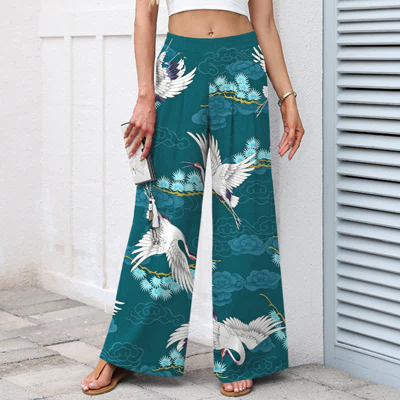 Nimara Ritual Cotton Linen White Crane Auspicious Clouds Pine Pattern Women's Elastic Waist Wide Leg Pants With Pockets