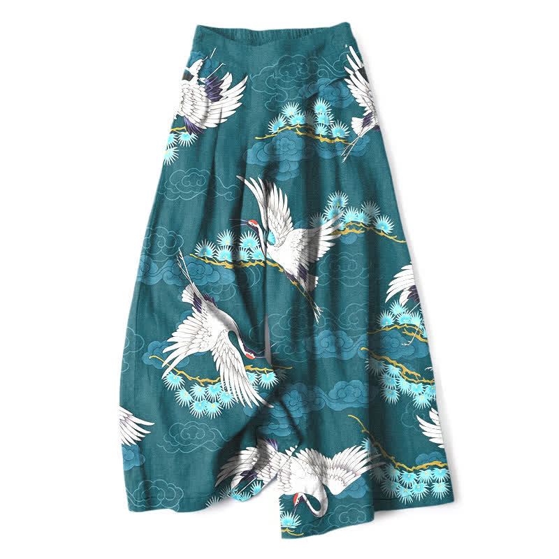 Nimara Ritual Cotton Linen White Crane Auspicious Clouds Pine Pattern Women's Elastic Waist Wide Leg Pants With Pockets