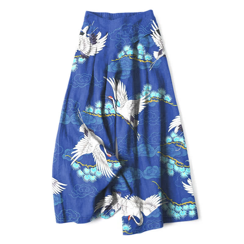 Nimara Ritual Cotton Linen White Crane Auspicious Clouds Pine Pattern Women's Elastic Waist Wide Leg Pants With Pockets