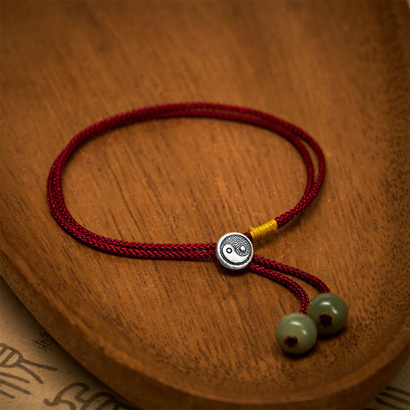 Nimara Ritual 925 Sterling Silver Handmade Round Yin Yang Protection Vintage Braided Red String Bracelet