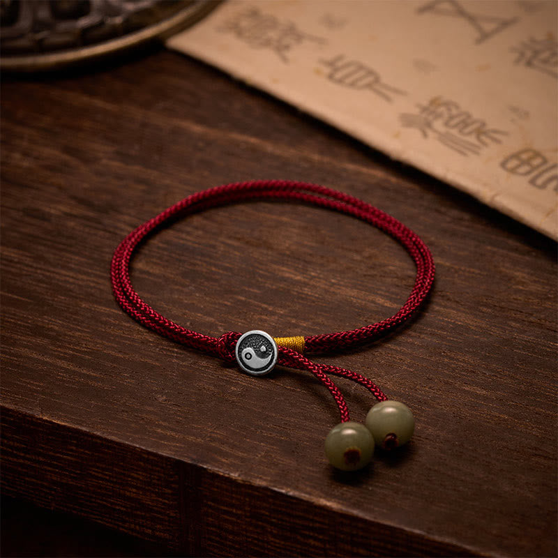 Nimara Ritual 925 Sterling Silver Handmade Round Yin Yang Protection Vintage Braided Red String Bracelet