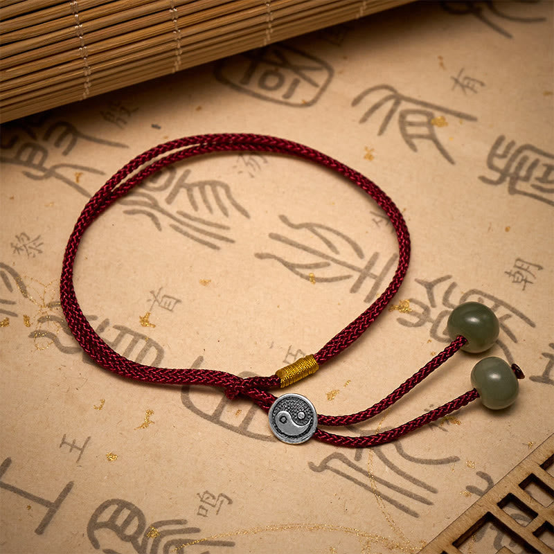 Nimara Ritual 925 Sterling Silver Handmade Round Yin Yang Protection Vintage Braided Red String Bracelet
