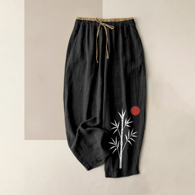 Nimara Ritual Cotton Zen Bamboo Pattern Women's Elastic Waist Pants With Pockets