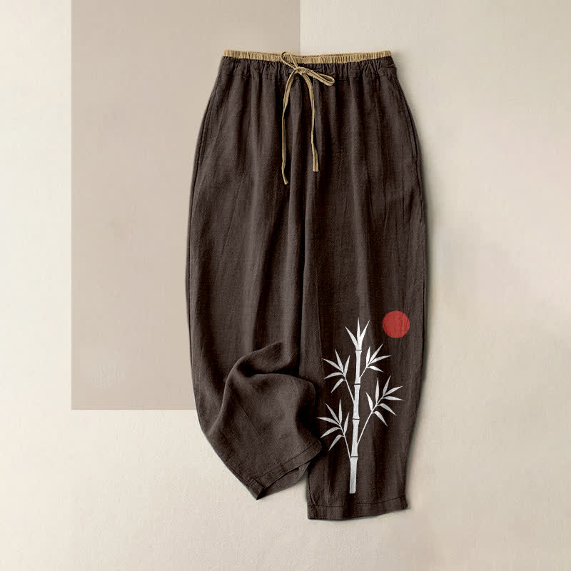 Nimara Ritual Cotton Zen Bamboo Pattern Women's Elastic Waist Pants With Pockets