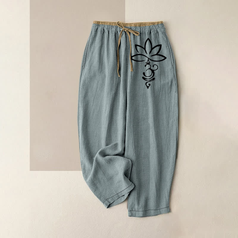 Nimara Ritual Pure Cotton Lotus Om Pattern Women's Elastic Waist Pants With Pockets