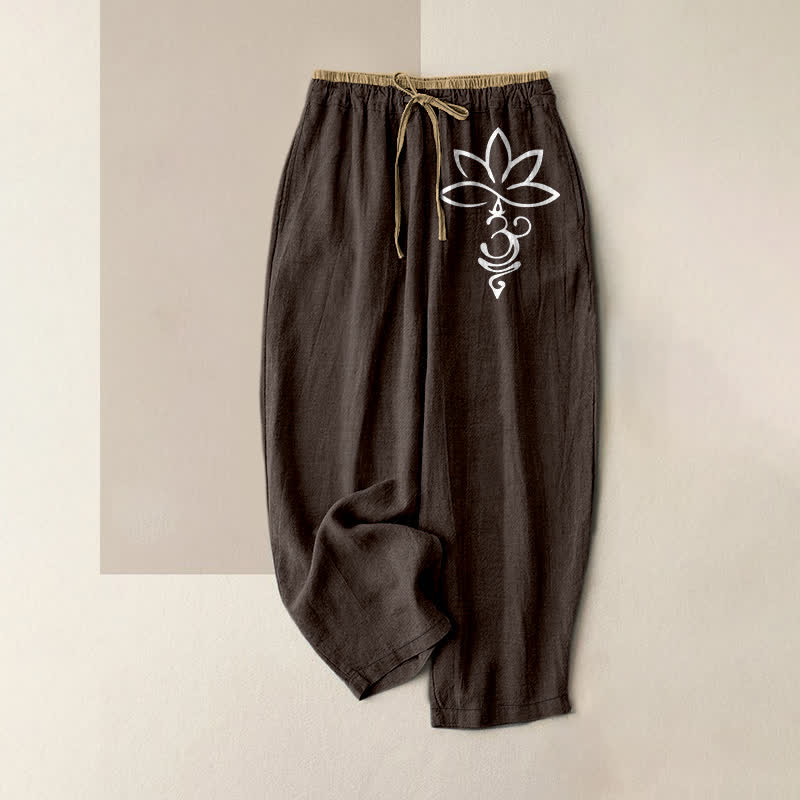 Nimara Ritual Pure Cotton Lotus Om Pattern Women's Elastic Waist Pants With Pockets