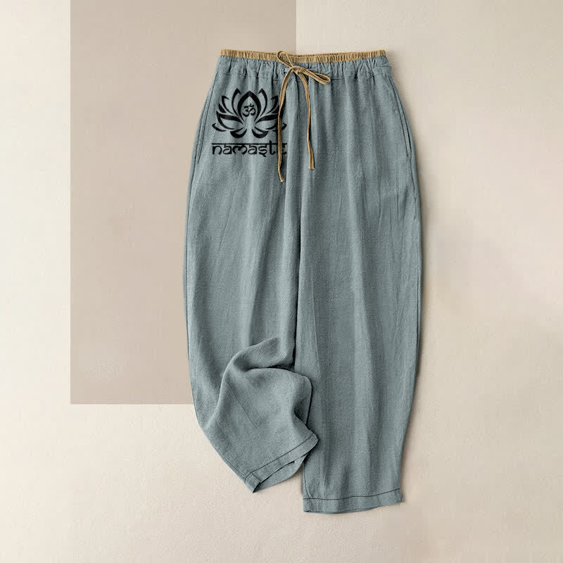Nimara Ritual Pure Cotton Namaste Lotus Pattern Women's Elastic Waist Pants With Pockets