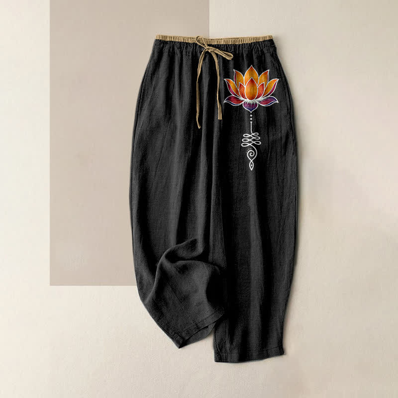 Nimara Ritual Pure Cotton Orange Lotus Pattern Women's Elastic Waist Pants With Pockets