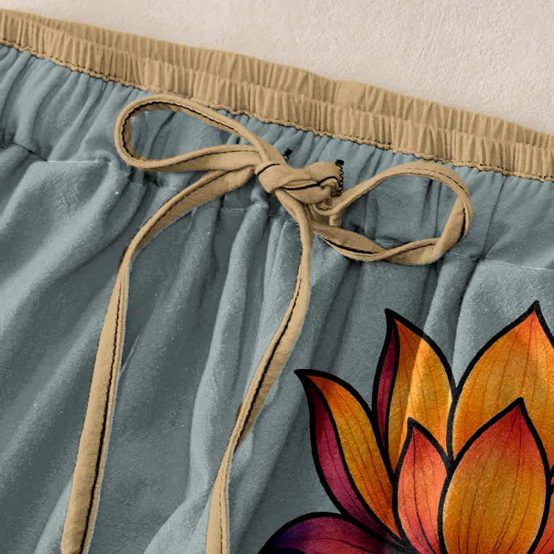 Nimara Ritual Pure Cotton Orange Lotus Pattern Women's Elastic Waist Pants With Pockets