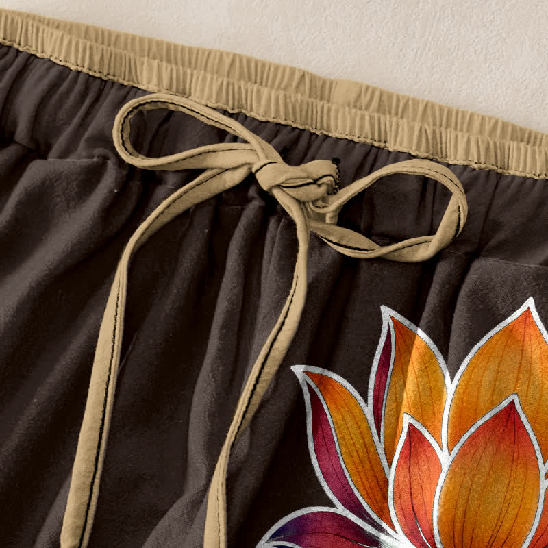 Nimara Ritual Pure Cotton Orange Lotus Pattern Women's Elastic Waist Pants With Pockets