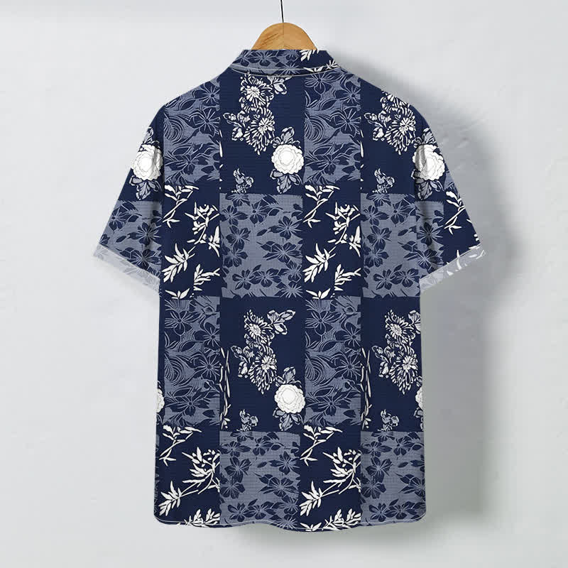 Nimara Ritual Blue Plaid Floral Pattern Buttons Breathable Men's Short Sleeve Shirt