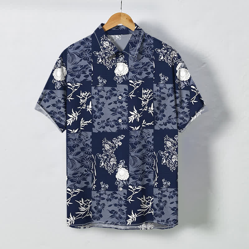Nimara Ritual Blue Plaid Floral Pattern Buttons Breathable Men's Short Sleeve Shirt