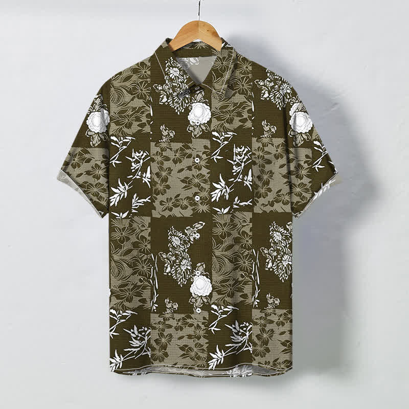 Nimara Ritual Blue Plaid Floral Pattern Buttons Breathable Men's Short Sleeve Shirt