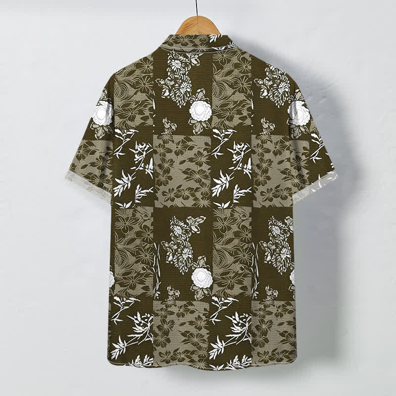 Nimara Ritual Blue Plaid Floral Pattern Buttons Breathable Men's Short Sleeve Shirt