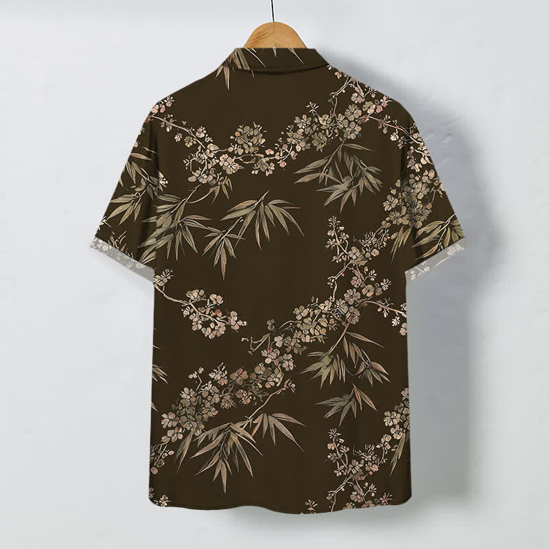 Nimara Ritual Bamboo Plum Blossom Pattern Buttons Breathable Men's Short Sleeve Shirt
