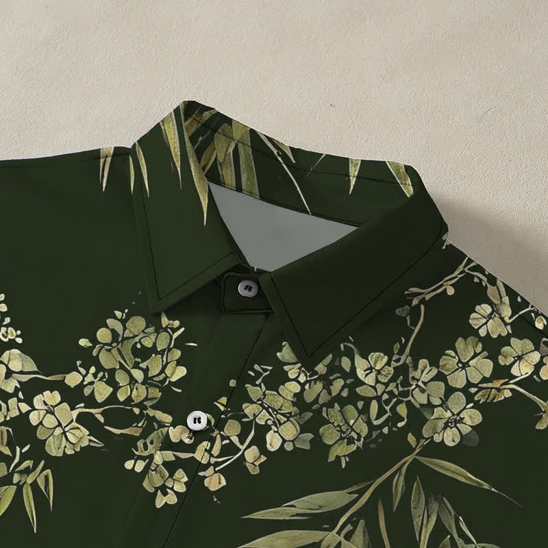 Nimara Ritual Bamboo Plum Blossom Pattern Buttons Breathable Men's Short Sleeve Shirt