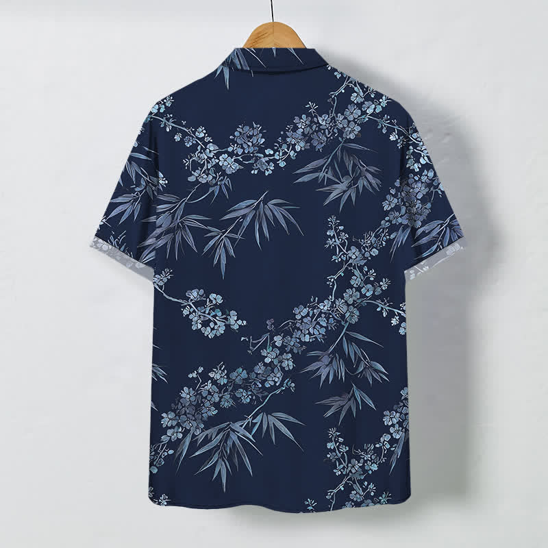 Nimara Ritual Bamboo Plum Blossom Pattern Buttons Breathable Men's Short Sleeve Shirt