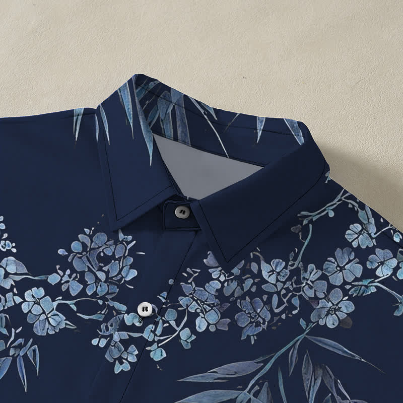 Nimara Ritual Bamboo Plum Blossom Pattern Buttons Breathable Men's Short Sleeve Shirt