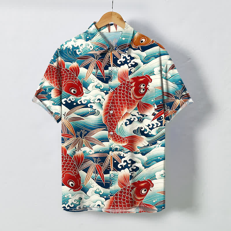 Nimara Ritual Koi Wave Bamboo Pattern Buttons Breathable Men's Short Sleeve Shirt