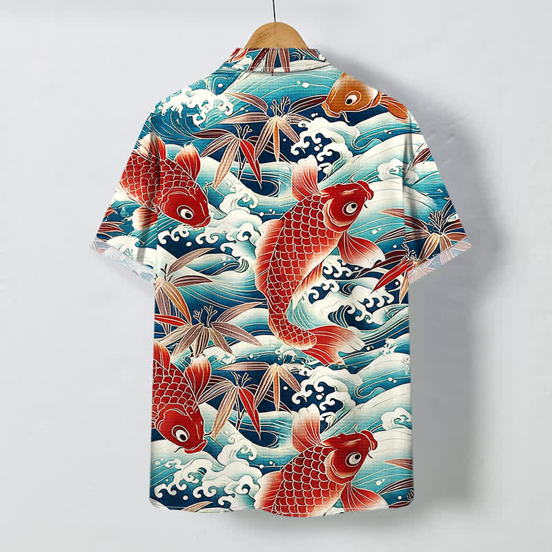 Nimara Ritual Koi Wave Bamboo Pattern Buttons Breathable Men's Short Sleeve Shirt