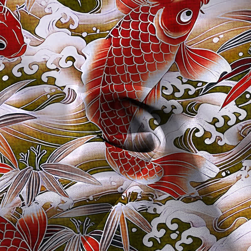 Nimara Ritual Koi Wave Bamboo Pattern Buttons Breathable Men's Short Sleeve Shirt
