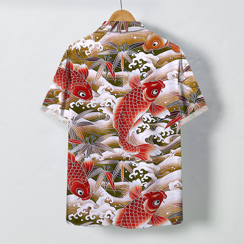 Nimara Ritual Koi Wave Bamboo Pattern Buttons Breathable Men's Short Sleeve Shirt