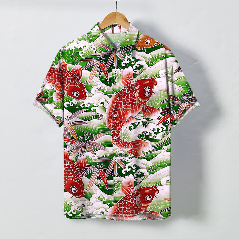 Nimara Ritual Koi Wave Bamboo Pattern Buttons Breathable Men's Short Sleeve Shirt
