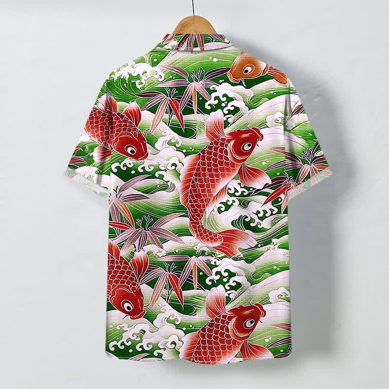 Nimara Ritual Koi Wave Bamboo Pattern Buttons Breathable Men's Short Sleeve Shirt