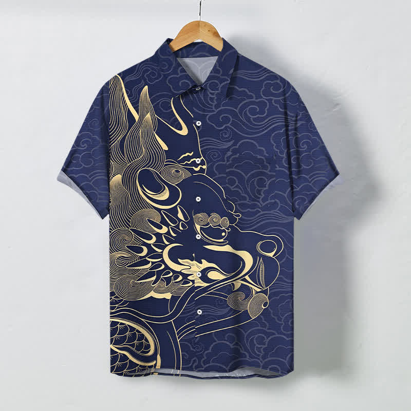Nimara Ritual Golden Dragon Cloud Pattern Buttons Wrinkle-resistant Men's Short Sleeve Shirt