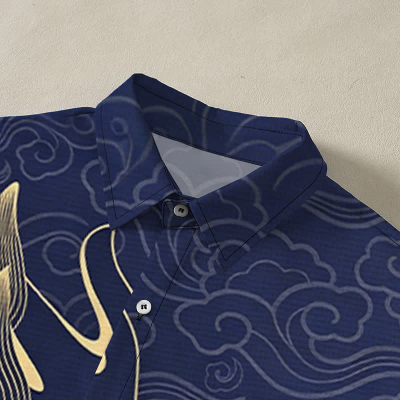 Nimara Ritual Golden Dragon Cloud Pattern Buttons Wrinkle-resistant Men's Short Sleeve Shirt