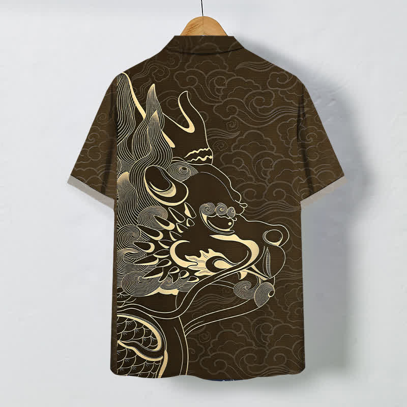 Nimara Ritual Golden Dragon Cloud Pattern Buttons Wrinkle-resistant Men's Short Sleeve Shirt