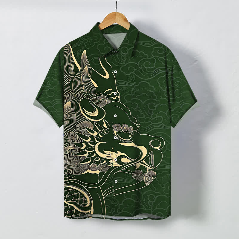 Nimara Ritual Golden Dragon Cloud Pattern Buttons Wrinkle-resistant Men's Short Sleeve Shirt