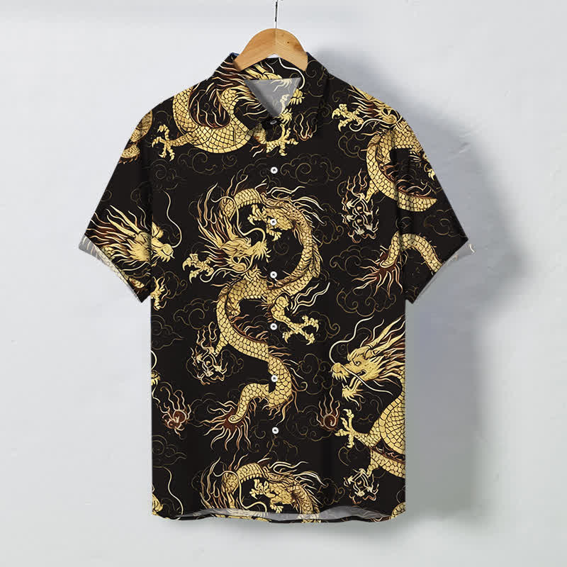 Nimara Ritual Golden Dragon Cloud Pattern Buttons Wrinkle-resistant Men's Short Sleeve Shirt