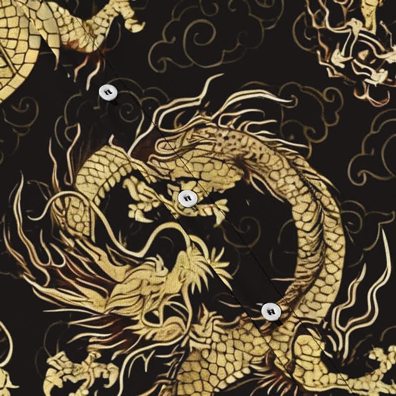 Nimara Ritual Golden Dragon Cloud Pattern Buttons Wrinkle-resistant Men's Short Sleeve Shirt