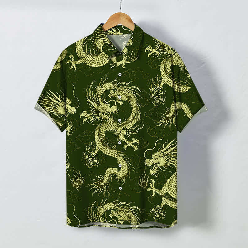 Nimara Ritual Golden Dragon Cloud Pattern Buttons Wrinkle-resistant Men's Short Sleeve Shirt