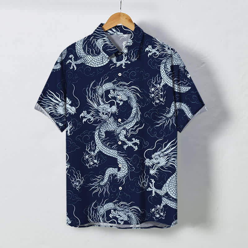Nimara Ritual Golden Dragon Cloud Pattern Buttons Wrinkle-resistant Men's Short Sleeve Shirt