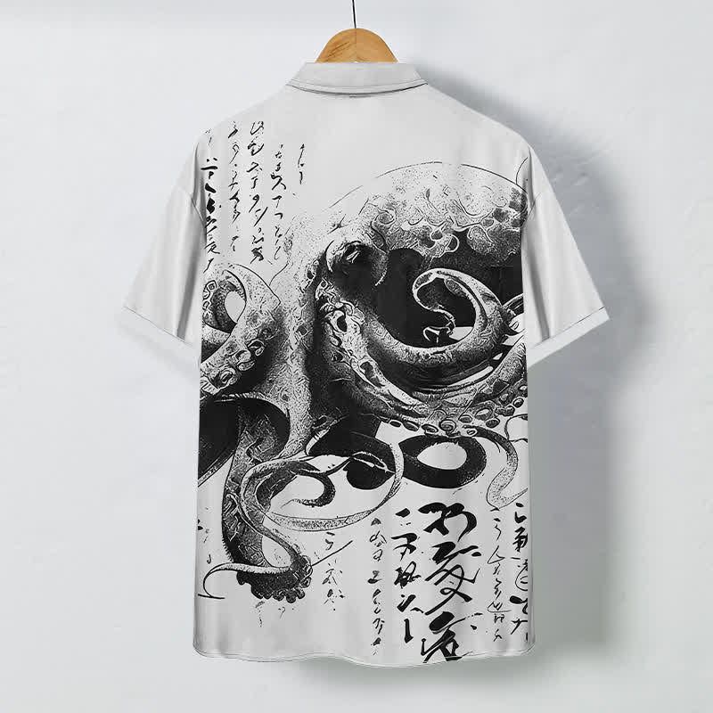 Nimara Ritual Japanese Octopus Calligraphy Pattern Buttons Wrinkle-resistant Men's Short Sleeve Shirt