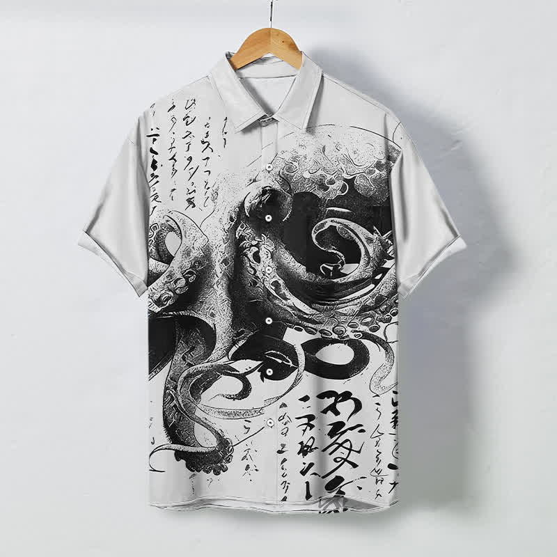 Nimara Ritual Japanese Octopus Calligraphy Pattern Buttons Wrinkle-resistant Men's Short Sleeve Shirt