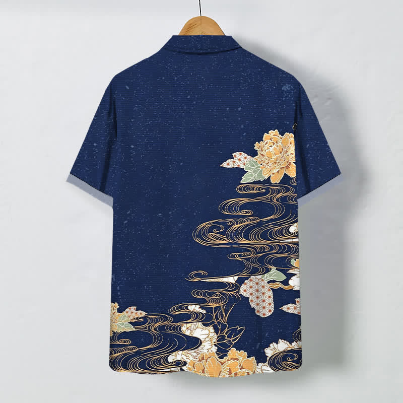 Nimara Ritual Lotus Wave Cloud Pattern Buttons Breathable Men's Short Sleeve Shirt