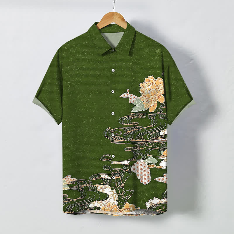 Nimara Ritual Lotus Wave Cloud Pattern Buttons Breathable Men's Short Sleeve Shirt