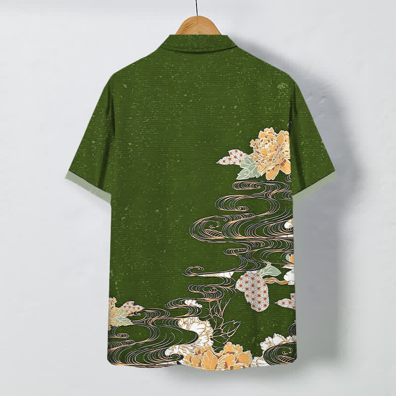 Nimara Ritual Lotus Wave Cloud Pattern Buttons Breathable Men's Short Sleeve Shirt
