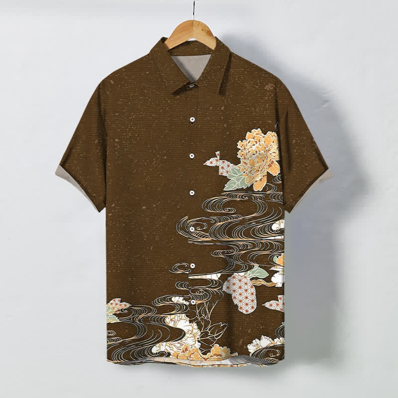 Nimara Ritual Lotus Wave Cloud Pattern Buttons Breathable Men's Short Sleeve Shirt
