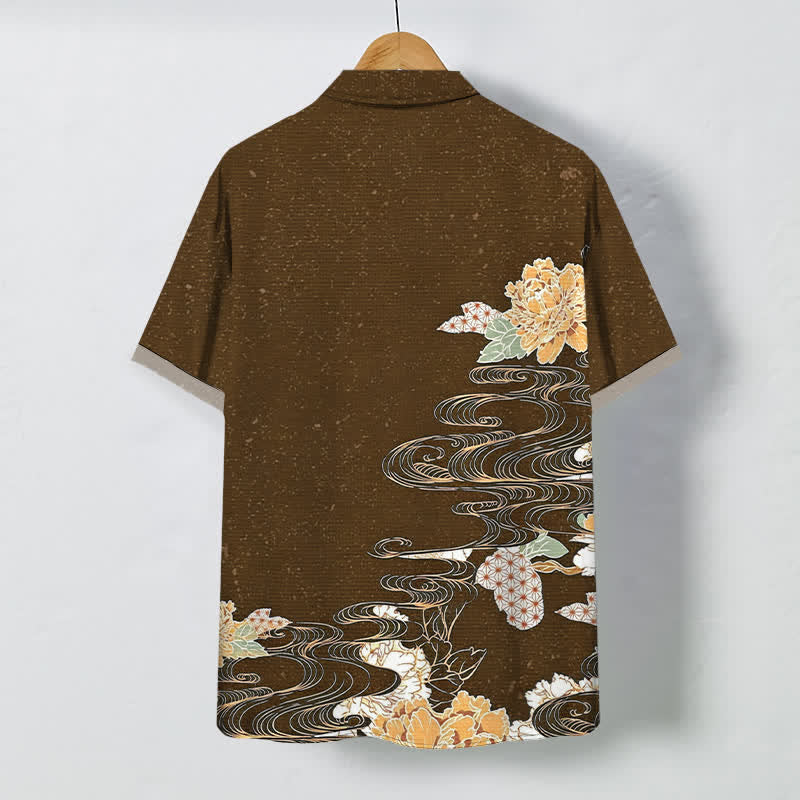 Nimara Ritual Lotus Wave Cloud Pattern Buttons Breathable Men's Short Sleeve Shirt