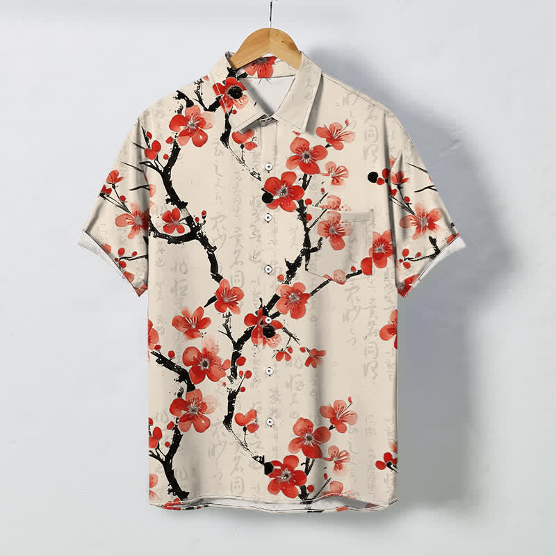Nimara Ritual Red Plum Blossom Branch Pattern Buttons Wrinkle-resistant Men's Short Sleeve Shirt