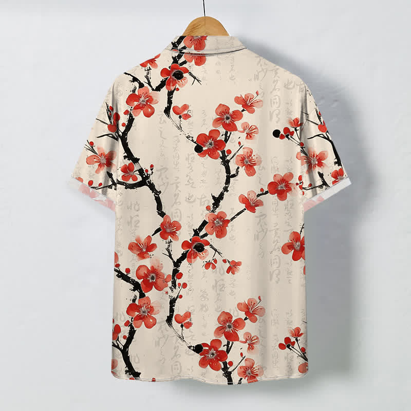 Nimara Ritual Red Plum Blossom Branch Pattern Buttons Wrinkle-resistant Men's Short Sleeve Shirt