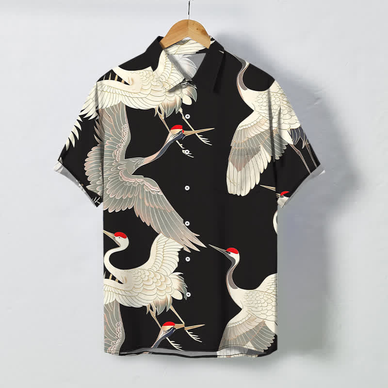 Nimara Ritual Flying Red-crowned Crane Pattern Buttons Wrinkle-resistant Men's Short Sleeve Shirt