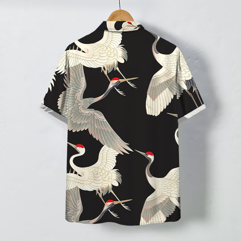Nimara Ritual Flying Red-crowned Crane Pattern Buttons Wrinkle-resistant Men's Short Sleeve Shirt